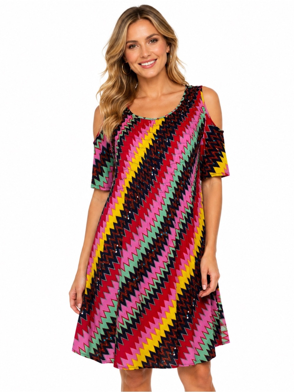 Sacred Threads Vibrant Zigzag Cold Shoulder Dress Womens SZ OS Festive Gypsy